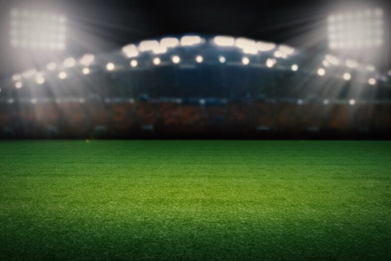 Relvado de um estádio de futebol à noite com bancadas em pano de fundo e as luzes acesas.